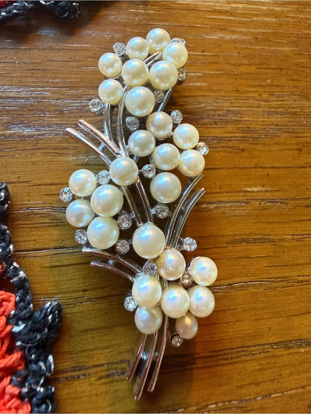 Vintage Faux Pearl Rhinestone Floral Spray Brooch Silver Tone 3”
